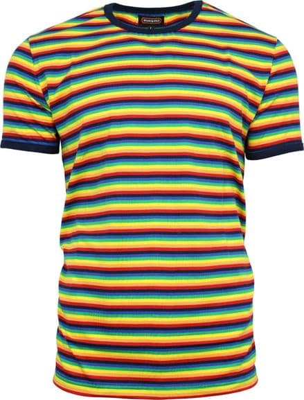 Run & Fly Rainbow Brights Striped Short Sleeve T-Shirt 70s Retro Indie
